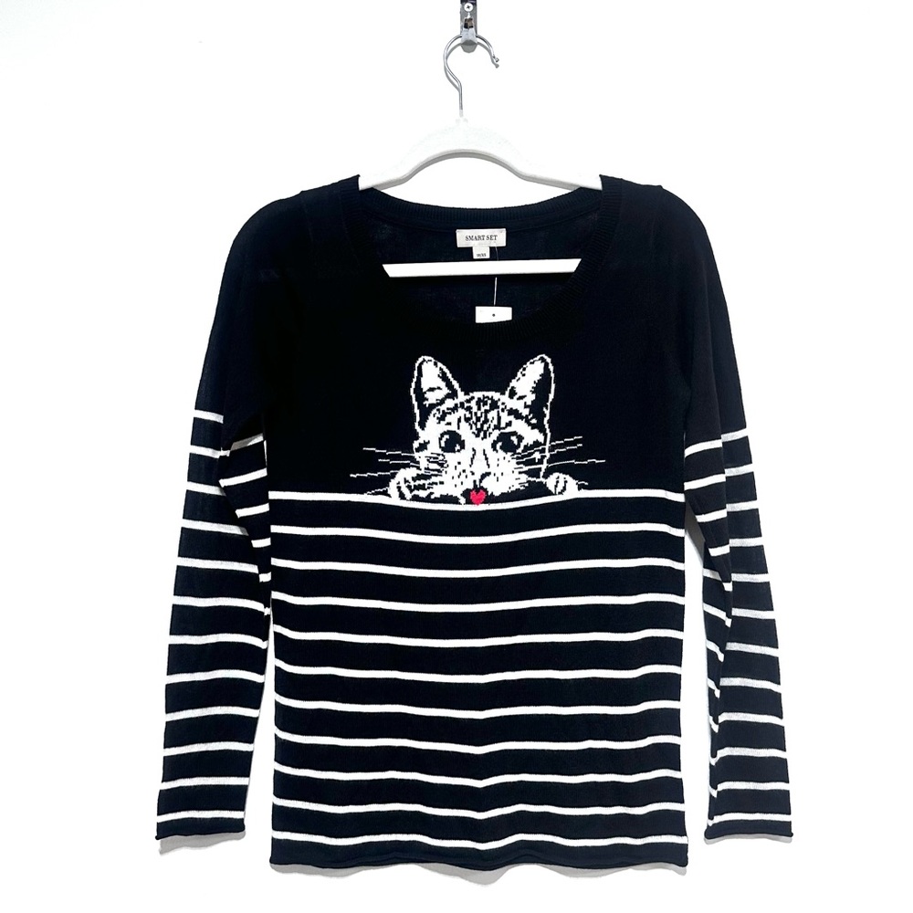 Smart Set Black White Stripes Lightweight Kitten Comfy Sweater Size XS